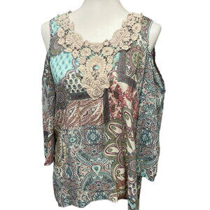 Spense Womens Medium Boho Patchwork Lace Cold Shoulder Bell Sleeve Paisley Top